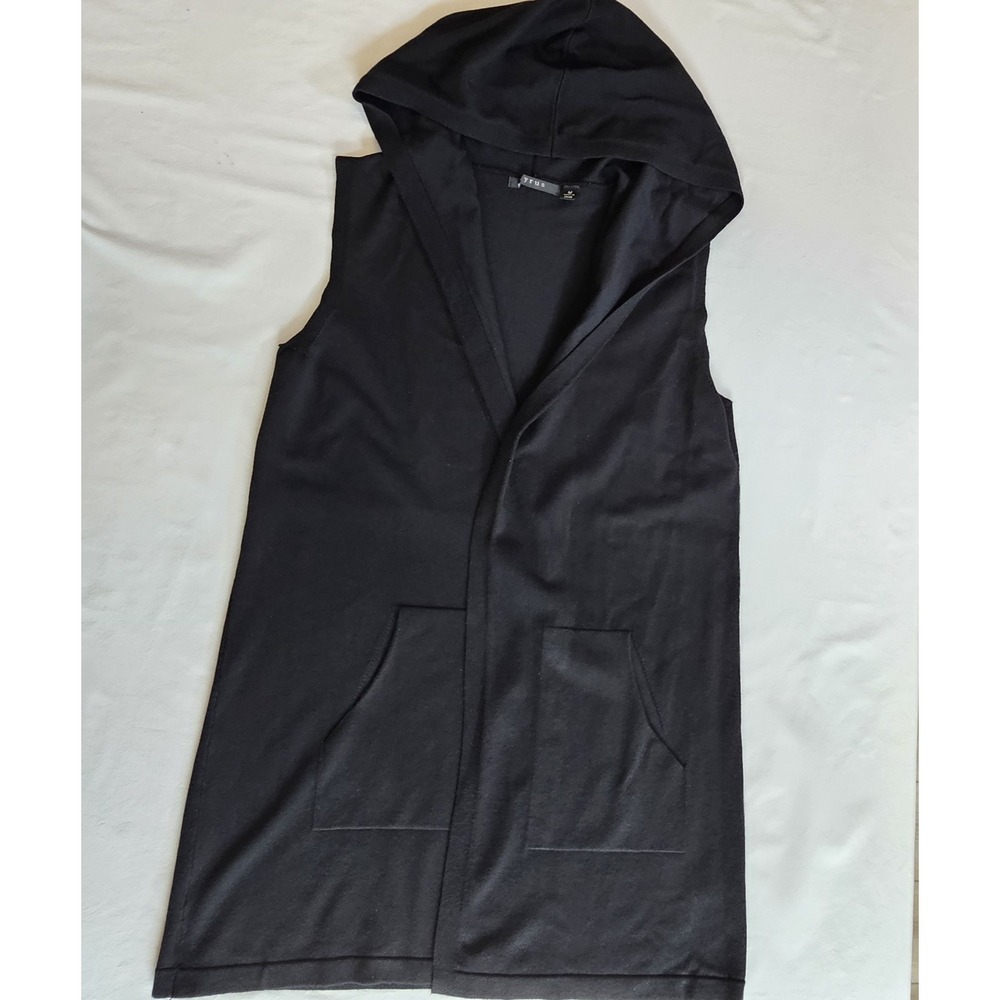 Cyrus Sleeveless Hooded Cardigan Sweater Black Size M Rayon Nylon Pockets
